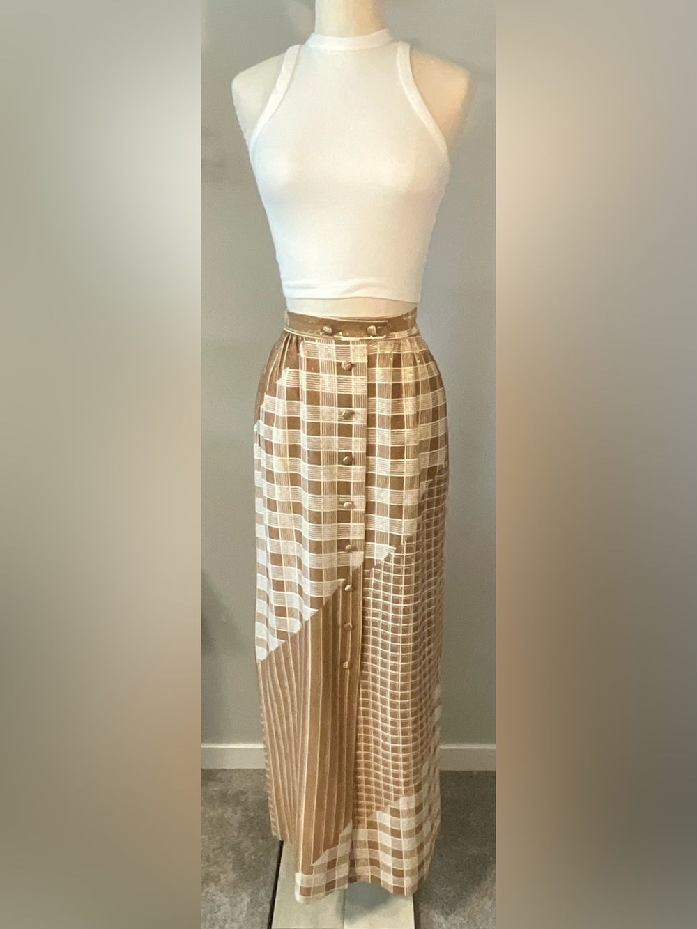 Vintage Beige and Cream Plaid Maxi Skirt w/ Button Front and Metalic Details